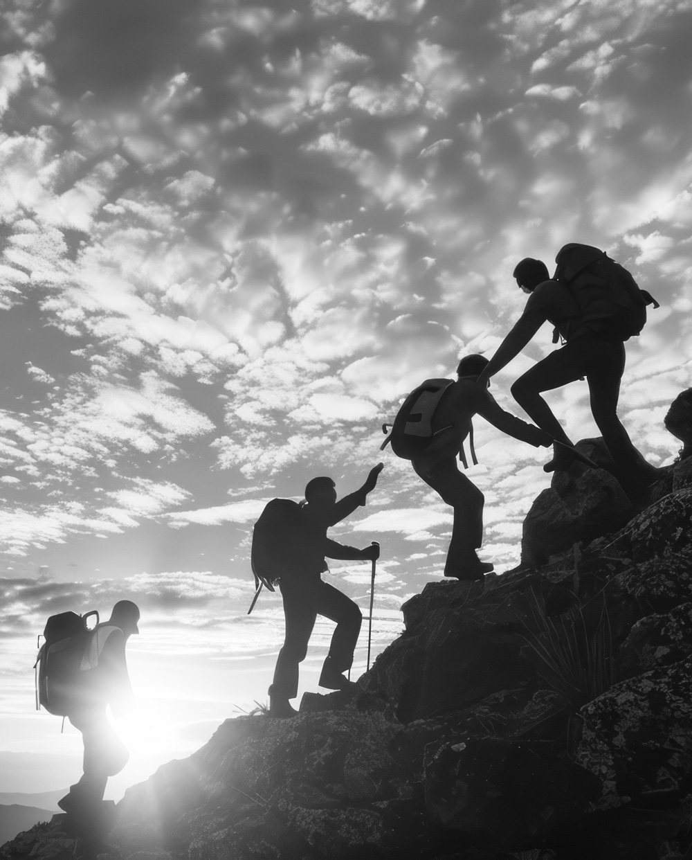 mountain climbers help each other reach the top of a summit