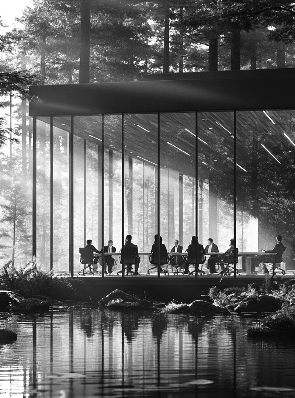 a group of executives sit around a big conference table in a quiet idyllic setting